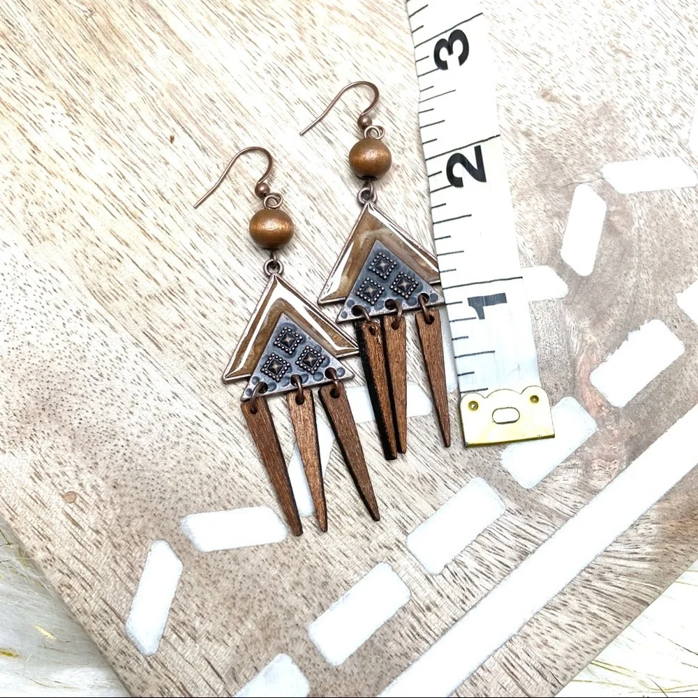 Boho hippie southwestern triangle geometric wood spikes dangle earrings